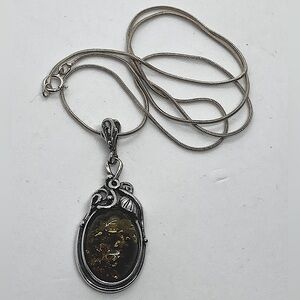 Vtg Sterling & Amber Floral Art Nouveau Revival Leaf & Vines Necklace 18” + 1.6”